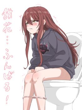 1girl blush brown_eyes brown_hair clenched_teeth drawstring grey_hoodie hair_between_eyes hands_on_lap highres hood hood_down hoodie idolmaster idolmaster_shiny_colors long_hair long_sleeves no_pants on_toilet osaki_tenka panties panty_pull print_hoodie rolling_eyes simple_background sincos sitting solo teeth toilet toilet_use translation_request trembling underwear white_background