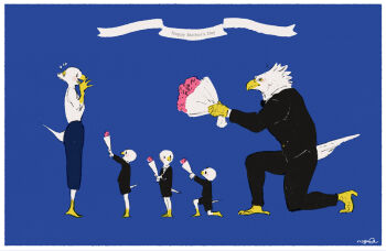 1girl 4boys animal_feet bird_boy bird_girl black_skirt black_suit blue_background blush bouquet child claws eagle_boy english_text family feathers flower formal_clothes full_body furry furry_female furry_male holding holding_bouquet looking_to_the_side mother&#039;s_day multiple_boys nagabe on_one_knee original pink_flower pink_rose rose shirt simple_background skirt suit tail white_feathers white_shirt yellow_eyes