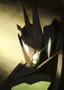 alternate_form black_skin close-up colored_skin crack_of_light ewokakukaede facial_mark facing_another forehead_mark from_side gen_6_pokemon giant glowing glowing_eye green_skin hexagon highres legendary_pokemon light light_particles nintendo no_humans pokemon pokemon_(creature) pokemon_focus shade white_eyes zygarde zygarde_(complete) zygarde_core