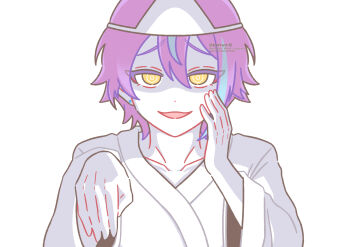 Rule 34 | 1boy, absurdres, blue hair, colored skin, ghost, highres, japanese clothes, kamishiro rui, kimono, long sleeves, male focus, multicolored hair, obake no ukenerai (vocaloid), obi, open mouth, project sekai, purple hair, sash, shiroshouzoku, short hair, smile, solo, triangular headpiece, two-tone hair, user twas4584, yellow eyes