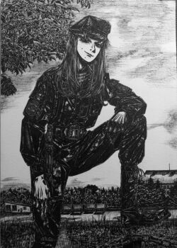 1boy 1girl beret boots bordfunker133 bulletproof_vest camouflage camouflage_jacket camouflage_pants cloud digital_camouflage full_body greyscale hat highres jacket long_hair long_sleeves looking_at_viewer male_focus military military_uniform mole mole_on_cheek mole_under_mouth monochrome original outdoors pants paratrooper photo_(medium) russo-ukrainian_war sasha_shoshnikova shirt smile soldier solo striped_clothes striped_shirt telnyashka tree unit_patch vdv