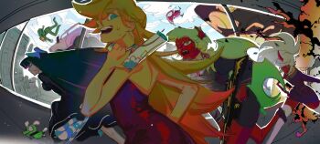 Rule 34 | 1boy, 4girls, brief (psg), car, chuck (psg), commentary request, explosion, fastener (psg), gun, guru.zong, highres, holding, holding gun, holding scythe, holding sword, holding weapon, kneesocks (psg), motor vehicle, multiple girls, panty &amp; stocking with garterbelt, panty (psg), purple hair, running, scanty (psg), scythe, stocking (psg), sword, weapon