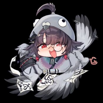 1girl artist_request bird bird_costume black_background blush brown_hair brush chibi girls&#039;_frontline girls&#039;_frontline_neural_cloud ink mole monocle nora_(neural_cloud) open_mouth paper pigeon red_eyes smile