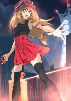 Rule 34 | 1girl, bare shoulders, black shirt, black thighhighs, blue eyes, brown hair, collared shirt, commentary request, eyewear on head, feet out of frame, hat, highres, holding, holding poke ball, long hair, lumiose city, maskmaya1, miniskirt, night, nintendo, outdoors, pleated skirt, poke ball, poke ball (basic), pokemon, pokemon legends: z-a, pokemon xy, red hat, red skirt, serena (pokemon), shirt, skirt, sleeveless, sleeveless shirt, solo, standing, sunglasses, thighhighs, zettai ryouiki