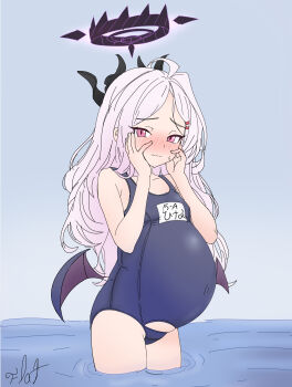 1girl absurdres blue_archive blush demon_wings embarrassed flatculture halo hands_on_own_face highres hina_(blue_archive) horns loli long_hair looking_at_viewer old_school_swimsuit on_water pregnant purple_eyes purple_hair school_swimsuit simple_background standing swimsuit wavy_mouth wings