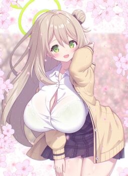 1girl :d absurdres arm_up black_skirt blue_archive blush bra bra_visible_through_clothes breasts brown_hair bursting_breasts cardigan cherry_blossoms cherry_tree cleavage commentary_request green_bra green_eyes green_halo hair_between_eyes hair_bun halo highres huge_breasts large_breasts leaning_forward long_hair long_sleeves looking_at_viewer nonomi_(blue_archive) open_mouth pleated_skirt sasakura_momiji school_uniform shirt sidelocks skirt smile solo spring_(season) underwear white_shirt yellow_cardigan