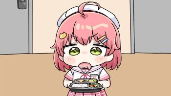 1girl ahoge bento beret blush_stickers chibi door drooling hair_ornament hairclip hat holding hololive indoors mochimiko mouth_drool neck_ribbon open_mouth pink_hair pink_skirt plaid_clothes plaid_skirt pleated_skirt red_ribbon ribbon sailor_collar sakura_miko sakura_miko_(school_uniform) school_uniform serafuku shirt short_sleeves skirt solo virtual_youtuber white_hat white_sailor_collar white_shirt