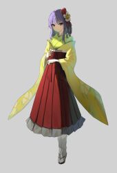 Rule 34 | 1girl, absurdres, blunt bangs, chinese commentary, closed mouth, floral print, flower, frilled skirt, frills, full body, grey background, hair flower, hair ornament, hakama, hands up, hieda no akyuu, highres, hxbdzj, japanese clothes, kanzashi, kimono, light blush, looking at viewer, medium hair, pleated skirt, print sleeves, purple eyes, purple hair, red hakama, red ribbon, ribbon, sandals, skirt, smile, socks, solo, standing, tachi-e, touhou, white flower, white socks, wide sleeves, yellow kimono, yellow sleeves, zouri