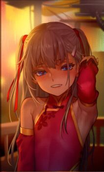 1girl alice_(as109) animated animated_gif armpits as109 bare_shoulders blinking blonde_hair blue_eyes china_dress chinese_clothes city_no.109 dress female_focus flat_chest loli looking_at_viewer original rain silver_hair sleeveless solo