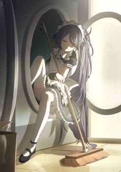 1girl absurdres akazaki_emu apron aqua_ribbon aris_(blue_archive) aris_(maid)_(blue_archive) back_bow black_dress black_hair black_shoes black_wrist_cuffs blue_archive borrowed_clothes bow box cardboard_box closed_eyes closed_mouth collared_dress commentary contrast_collar crossed_arms dress facing_viewer frilled_apron frilled_dress frills head_tilt highres indoors kei_(robot)_(blue_archive) knee_up light_smile long_hair long_sidelocks maid maid_apron maid_headdress mary_janes mop neck_ribbon no_halo number_print official_alternate_costume official_alternate_hairstyle parted_bangs ponytail puffy_short_sleeves puffy_sleeves ribbon shadow shoes short_sleeves sidelighting sidelocks sitting sleeping sleeping_upright solo thighhighs tile_floor tiles very_long_hair washing_machine white_apron white_bow white_headdress white_thighhighs wrist_cuffs