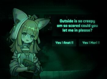 Rule 34 | 1girl, animal ear fluff, animal ears, arknights, blunt bangs, book, crying, crying with eyes open, dress, ear covers, fox ears, fox girl, green eyes, green theme, highres, holding, holding book, long hair, looking at viewer, meme, no i'm not a human, open mouth, papyrus (arknights), sidelocks, single ear cover, solo, tears, th3cr0ma, white dress