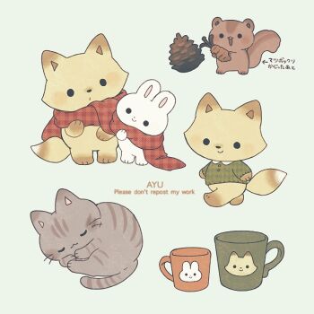 Rule 34 | :d, animal, animal focus, argyle clothes, argyle shirt, arrow (symbol), artist name, ayu (mog), blush, cat, closed mouth, commentary, commentary request, cup, english commentary, fox, green shirt, long sleeves, mixed-language commentary, no humans, open mouth, original, pinecone, plaid clothes, plaid scarf, rabbit, red scarf, romaji commentary, scarf, shirt, simple background, smile, solid circle eyes, squirrel, translation request, unmoving pattern, watermark