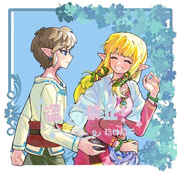 1boy 1girl bangle belt blonde_hair blue_background blue_eyes blunt_bangs bracelet breasts closed_eyes dress earrings green_ribbon grey_pants guzhi_annai hair_ribbon highres jewelry light_blush link long_hair long_sleeves looking_at_another medium_breasts nintendo pants parted_lips pink_dress pink_ribbon pointy_ears princess_zelda red_belt ribbon shawl shirt short_hair sidelocks smile teeth the_legend_of_zelda the_legend_of_zelda:_skyward_sword upper_body walking white_shawl white_shirt