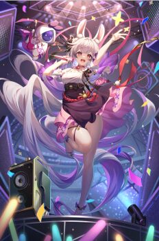 1girl :d absurdly_long_hair alternate_costume animal_ears arm_up bare_legs black_skirt breasts colored_tips concert full_body glowstick gradient_hair highres holding holding_microphone lanyin long_hair looking_at_viewer microphone multicolored_hair open_mouth purple_hair rabbit_ears red_eyes shirt skirt smile solo speaker stage stage_lights standing standing_on_one_leg thigh_strap very_long_hair virtual_dimension_project white_hair white_shirt xy_production yueba_xiaoe