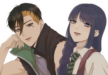 Rule 34 | 1boy, 1girl, black coat, black hair, blonde hair, boruto: two blue vortex, braid, coat, diagonal-striped clothes, diagonal-striped necktie, earrings, eyebrow piercing, face piercing, facial tattoo, highres, ifevilwhyuhot, jewelry, kakei sumire, kawaki (boruto), low twin braids, multicolored hair, muscular, muscular male, naruto (series), necktie, piercing, purple hair, sleeveless, sleeveless coat, striped clothes, stud earrings, tattoo, twin braids, two-tone hair, underwear