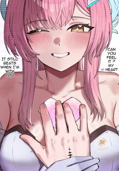 Rule 34 | 1boy, 1girl, 2na (blue2na), absurdres, aemeath (wuthering waves), bare shoulders, blush, breasts, collarbone, commentary, english commentary, english text, guiding hand, hair ornament, hand on another's chest, highres, large breasts, long hair, looking at viewer, mole, mole on shoulder, no gloves, one eye closed, orange eyes, pink hair, portrait, pov, pov hands, rover (wuthering waves), smile, solo focus, star-shaped pupils, star (symbol), symbol-shaped pupils, tacet mark (wuthering waves), wuthering waves