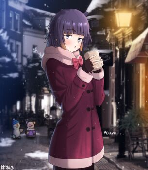 1girl 2others alternate_costume artist_name bird black_gloves blue_eyes blunt_bangs bow coat commentary cowboy_shot cup duck english_commentary fingerless_gloves gloves gradient_hair holding holding_cup hololive hololive_english lamppost long_sleeves looking_at_viewer mole mole_under_eye mug multicolored_hair multiple_others night ninomae_ina'nis numbered open_mouth orange_hair outdoors pig pink_scarf purple_coat purple_hair red_bow scarf snow snowing tentacle_hair tree virtual_youtuber winter yellyvi