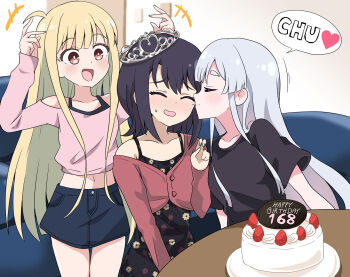 +++ 3girls birthday_cake black_hair blonde_hair cake cho_kaguya-hime! commentary_request double_v facing_another food fruit gradient_hair green_nails grey_hair happy_birthday highres kaguya_(cho_kaguya-hime!) kiss kissing_cheek long_hair long_sleeves looking_at_another massala midriff mole mole_under_eye multicolored_hair multiple_girls navel open_mouth pink_hair plate red_eyes runami_yachiyo sakayori_iroha short_sleeves smile strawberry tiara v very_long_hair yuri