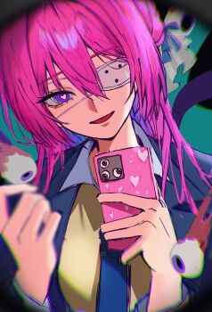 1girl blue_jacket blue_necktie blue_ribbon cellphone collared_shirt disembodied_eye dorothy_(nikke) eyepatch fisheye goddess_of_victory:_nikke hair_bun hair_ribbon heart heart-shaped_pupils highres holding holding_phone jacket kumi_(nikke985427849) looking_at_viewer medical_eyepatch necktie phone pink_hair pov_peephole purple_eyes ribbon shirt single_side_bun smartphone smile solo standing symbol-shaped_pupils yellow_shirt