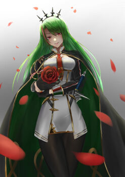 1girl absurdres azur_lane breasts cloak crossed_arms crown female_focus floral_background flower green_hair grey_background highres large_breasts littorio_(azur_lane) long_hair looking_at_viewer military military_uniform necktie pantyhose red_eyes rose smile solo sword weapon you