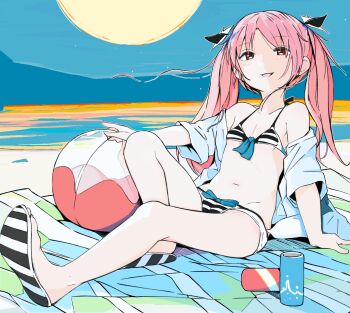 1girl ball bare_shoulders beach beachball bikini commentary fang flat_chest highres kinomoto_(nazonoinu) long_hair looking_at_viewer navel ocean off_shoulder open_clothes open_mouth open_shirt original pink_hair red_eyes slippers smile solo summer sun swimsuit twintails
