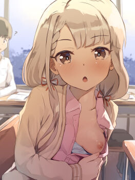 1boy 1girl ? blonde_hair blue_bra bra bra_pull breasts brown_eyes cardigan classroom clothes_pull commentary_request flashing hair_ribbon highres hisakawa_nagi idolmaster idolmaster_cinderella_girls indoors long_hair long_sleeves looking_at_viewer low_twintails medium_breasts nipples one_breast_out open_mouth parted_bangs partially_unbuttoned pink_shirt pulling_own_clothes red_ribbon ribbon seneto shirt shirt_pull table twintails unbuttoned unbuttoned_shirt underwear yellow_cardigan