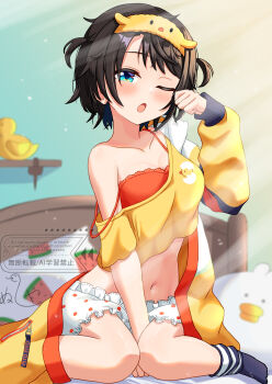 Rule 34 | 1girl, ;o, absurdres, between legs, black hair, black socks, bloomers, blue eyes, breasts, camisole, cleavage, commentary request, crop top, cropped shirt, day, hand between legs, hand up, headband, highres, hololive, hood, hooded jacket, indoors, jacket, jacket partially removed, looking at viewer, loose socks, loungewear, medium breasts, navel, nushiya (ayihsem), official alternate costume, official alternate hairstyle, on bed, one eye closed, oozora subaru, oozora subaru (loungewear), open mouth, orange camisole, polka dot, polka dot bloomers, shirt, short hair, single off shoulder, sitting, socks, solo, strap slip, subatomo (big), swept bangs, t-shirt, two side up, underwear, virtual youtuber, wariza, white bloomers, yawning, yellow headband, yellow jacket, yellow shirt