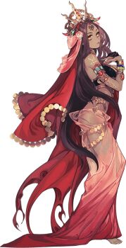 1girl arm_tattoo armlet bare_shoulders barefoot bindi black_hair bracelet closed_mouth dark-skinned_female dark_skin flower forehead_jewel full_body gem hair_flower hair_ornament headdress iron_saga jewelry long_hair necklace official_art saroya_(iron_saga) see-through_clothes simple_background tattoo yellow_eyes