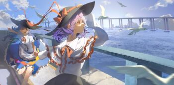 2girls animal bird black_hat black_skirt blue_hair blue_skirt bow bridge cloud cloudy_sky commentary_request day frilled_skirt frills hat hat_bow highres hinanawi_tenshi kinoko_(kino2435006) looking_to_the_side multiple_girls nagae_iku open_mouth outdoors purple_hair red_bow red_eyes river running seagull shirt skirt sky touhou white_shirt