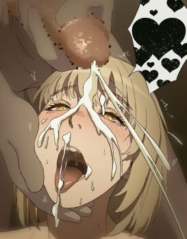 Rule 34 | 1boy, 1girl, banitsui, blonde hair, blush, censored, cum, cum in mouth, cum on body, dark-skinned male, dark skin, dungeon meshi, ejaculation, facial, falin touden, falin touden (tallman), half-closed eyes, hand on another's head, head out of frame, heart, hetero, highres, looking at viewer, male masturbation, masturbation, medium hair, mosaic censoring, open mouth, penis, speech bubble, tongue, tongue out, upper body, uvula, yellow eyes