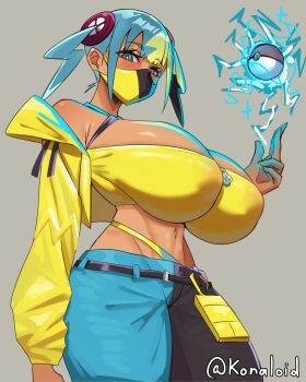 1girl absurdres artist_name blonde_hair blue_eyes blue_hair blush breasts canari_(pokemon) cleavage cowboy_shot dark-skinned_female dark_skin grey_background highres huge_breasts jacket konaloid mask midriff mouth_mask multicolored_hair navel nintendo pants poke_ball poke_ball_(basic) pokemon pokemon_legends:_z-a short_hair simple_background solo standing twintails two-tone_hair two-tone_pants yellow_jacket