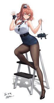 Rule 34 | 1girl, absurdres, aqua eyes, black gloves, black pantyhose, blue skirt, breasts, brown hair, commentary request, commission, cosplay, fingerless gloves, gloves, hair between eyes, high side ponytail, highres, hornet (kancolle), hornet (kancolle) (cosplay), jewelry, kantai collection, large breasts, long hair, miniskirt, odachu, pantyhose, pencil skirt, pixiv commission, ponytail, ring, saratoga (kancolle), shirt, side ponytail, sidelocks, single glove, skirt, sleeveless, sleeveless shirt, smile, smokestack hair ornament, solo, wedding ring, white shirt