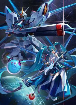 1girl absurdres aqua_eyes aqua_hair arm_tattoo beam_rifle boots cosplay crossover dress ear_protection energy_gun guitar gun gundam gundam_seed gundam_seed_freedom hair_ornament haro hatsune_miku highres holding holding_guitar holding_gun holding_instrument holding_weapon humanoid_robot instrument lacus_clyne lacus_clyne_(cosplay) long_hair mecha mechanical_wings mobile_suit motiumi_moti open_mouth robot sleeveless strike_freedom_gundam_type_ii strike_freedom_gundam_type_ii_(cosplay) tattoo thigh_boots v-fin very_long_hair vocaloid weapon white_dress wings