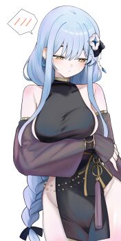 1girl arm_under_breasts artist_request bare_shoulders biryu_soso black_dress blue_hair braid breasts closed_mouth commission cowboy_shot detached_sleeves dress gold_trim hair_ornament hair_ribbon highres large_breasts long_hair long_sleeves looking_down no_panties original ribbon second-party_source short_dress sideboob simple_background single_braid sleeveless sleeveless_dress solo spoken_blush thighs very_long_hair white_background yellow_eyes