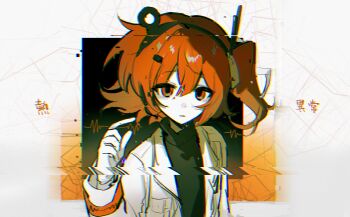 1girl a.i._voice adachi_rei arm_at_side bags_under_eyes black_shirt chinese_commentary chromatic_aberration colored_skin commentary_request expressionless glitch gloves hair_between_eyes hairband hand_up headlamp highres jacket lapels long_sleeves looking_at_viewer medium_hair netsu_ijou_(utau) open_clothes open_jacket orange_eyes orange_hair parted_lips radio_antenna satoizu_1203 shirt side_ponytail solo song_name sound_wave square turtleneck upper_body utau white_gloves white_jacket white_skin