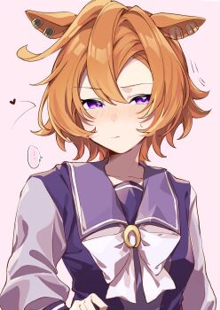 ... 1girl amano_(amano_miko) animal_ears blush bow bowtie breasts closed_mouth collarbone ear_ornament hair_between_eyes heart highres horse_ears horse_girl long_sleeves looking_at_viewer orange_hair purple_eyes purple_sailor_collar purple_serafuku purple_shirt sailor_collar sailor_shirt school_uniform serafuku shirt short_hair solo speech_bubble spoken_ellipsis sweatdrop t.m._opera_o_(umamusume) tracen_school_uniform umamusume upper_body white_bow white_bowtie