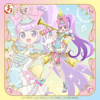 1girl :d band_uniform blue_boots blue_dress blue_hat blunt_bangs boots border bow commentary_request copyright_notice dress epaulettes full_body gloves hands_up hat high_heel_boots high_heels holding holding_instrument instrument long_hair looking_at_viewer manaka_non musical_note official_art open_mouth pink_bow pink_shorts pretty_series pripara purple_eyes purple_hair second-party_source shorts side_ponytail smile solo standing trumpet very_long_hair white_gloves