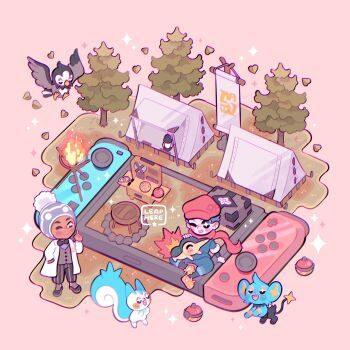 2boys ;) arm_support beanie black_bow black_bowtie blush bow bowtie brown_footwear closed_mouth commentary cyndaquil dark-skinned_male dark_skin fire gen_2_pokemon gen_4_pokemon grass grey_headwear hat headpat highres jacket lab_coat professor_laventon leaphere male_focus multiple_boys nintendo nintendo_switch on_lap one_eye_closed pachirisu pants pokemon pokemon_(creature) pokemon_legends:_arceus pokemon_on_lap red_headwear red_scarf rei_(pokemon) scarf shinx shirt shoes sitting smile sparkle standing starly table tent tree vest