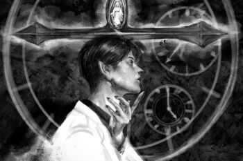 1boy 1girl analog_clock black_eyes black_hair black_nails black_shirt character_request clock clock_hands coat expressionless from_side greyscale hand_up index_finger_raised kim_dokja macaronijail male_focus monochrome omniscient_reader&#039;s_viewpoint pointy_ears shirt short_hair sideburns white_coat