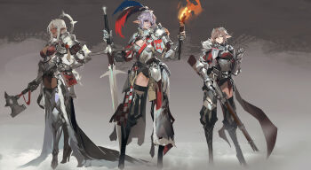 3girls armor armored_boots black_boots boots breasts brown_hair dark_elf elf eyepatch framed_breasts full_body gauntlets gun halo hammer hand_on_own_hip high_heel_boots high_heels highres holding holding_gun holding_hammer holding_torch holding_weapon leotard looking_at_viewer mechanical_halo medium_breasts multiple_girls musket original pauldrons pointy_ears purple_hair red_eyes red_leotard shoulder_armor smjim1986 sword thigh_boots torch weapon white_hair zweihander
