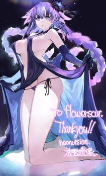 1girl armpits artist_name aurora backless_dress backless_outfit bare_shoulders barefoot blue_eyes braid breasts choujigen_game_neptune clothes_lift commissioner_name dress earrings elbow_gloves feet from_below gloves hair_ornament highres houden_eizou jewelry kneeling long_hair looking_at_viewer medium_breasts navel neptune_(series) night night_sky outdoors panties purple_dress purple_eyes purple_heart_(neptunia) purple_heart_(goddesses&#039;_promise) revealing_clothes ribbon self_exposure side-tie_panties sideboob signature skirt skirt_lift sky solo twin_braids two-sided_fabric underwear very_long_hair