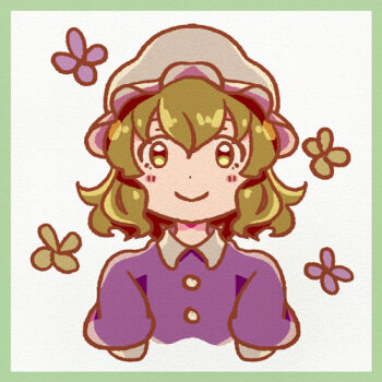 Rule 34 | 1girl, blonde hair, blush, blush stickers, buttons, closed mouth, collared shirt, contrast collar, facing viewer, flower, hair between eyes, hat, lowres, maribel hearn, mob cap, purple shirt, sanwa no jako (daikichi club), shirt, short hair, short sleeves, smile, solo, touhou, two-tone background, white background, white hat, yellow eyes