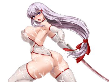 1girl ass bare_shoulders blush breasts bukkake covered_erect_nipples cum cum_on_ass cum_on_body cum_on_breasts cum_on_clothes cum_on_hair cum_on_upper_body elbow_gloves enjou_sakuya facial fighting_stance game_cg gloves grey_hair hair_ornament hair_ribbon highleg highleg_leotard holding holding_sword holding_weapon huge_breasts katana leotard long_hair looking_at_viewer looking_back low-tied_long_hair matai_toshi non-web_source one-piece_thong open_mouth original purple_eyes red_ribbon ribbon rindou_(radical_dream) see-through_clothes shiny_skin sideboob solo sword thick_thighs thighhighs thighs thong_leotard transparent_background v-shaped_eyebrows variant_set very_long_hair weapon white_gloves white_leotard white_thighhighs x_hair_ornament
