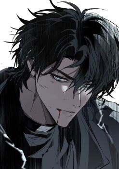 1boy absurdres auauko123 black_coat black_shirt blood blood_from_mouth blue_eyes coat collared_shirt curtained_hair glaring highres looking_at_viewer male_focus omniscient_reader's_viewpoint open_clothes open_coat popped_collar serious shirt solo yoo_joonghyuk