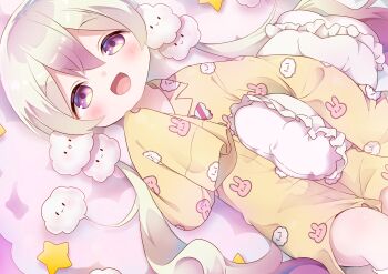 Rule 34 | 1girl, :d, absurdres, animal print, blonde hair, blush, cloud hair ornament, cloud print, commentary request, frilled pillow, frills, gradient hair, hair between eyes, half-closed eyes, hand up, highres, holding, holding pillow, long hair, long sleeves, low twintails, lying, mahou shoujo ikusei keikaku, multicolored hair, nemurin, nipeira, on back, open mouth, pajamas, pillow, pink hair, print pajamas, purple eyes, rabbit print, sidelocks, sleeves past fingers, sleeves past wrists, smile, solo, twintails, two-tone hair, yellow pajamas