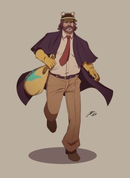 1boy bag belt black_coat brown_hair coat commentary disco_elysium english_commentary facial_hair facing_viewer frog_hat full_body gloves harry_du_bois highres holding holding_bag male_focus mutton_chops necktie nurve26 red_necktie rubber_gloves shirt shirt_tucked_in short_hair solo standing standing_on_one_leg walking white_shirt yellow_gloves