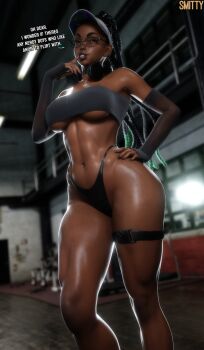 1girl 3d alternate_costume aqua_hair bikini black_bikini black_hair braid breasts cleavage curvy dark-skinned_female dark_skin dreadlocks elbow_gloves english_text glasses gloves hand_on_own_hip hetero highleg highleg_bikini highres kimberly_jackson long_hair looking_at_viewer multicolored_hair parted_lips seductive_gaze shiny_skin smile solo standing strapless street_fighter street_fighter_6 swimsuit third-party_edit thong thong_bikini tube_top wide_hips