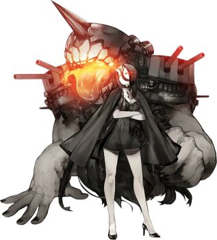Rule 34 | 1girl, abyssal ship, akira (kadokawa), battleship princess, black dress, black hair, cape, crossed arms, dress, full body, glowing, glowing eyes, high heels, horns, kantai collection, long hair, official art, red eyes, ship turret, short dress, skin-covered horns, solo, tongue, tongue out, transparent background, very long hair