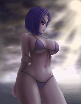 1girl absurdres arms_behind_back bikini bra breasts colored_skin dc_comics female_focus front-tie_bikini_top front-tie_top grey_skin highres large_breasts looking_at_viewer looking_to_the_side ocean pale_skin panties purple_bikini purple_eyes purple_hair raven_(dc) saf-404 serious short_hair solo swimsuit teen_titans underwear wide_hips