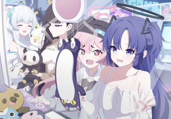 ^_^ absurdres against_glass alternate_costume angry_adelie_(blue_archive) arcade_cabinet arcade_stick beanie big_brother_(blue_archive) black_hair black_halo black_hat blue_archive blue_eyes bow breasts brown_jacket closed_eyes closed_mouth collarbone commentary_request controller crane_game doll dress game_controller hair_behind_ear hair_ornament hairclip halo hand_on_glass hat highres holding holding_doll holding_stuffed_toy hood hoodie indoors jacket jacket_partially_removed joystick koyuki_(blue_archive) large_breasts long_hair mechanical_halo millennium_science_school_logo mr._nicholai_(blue_archive) multiple_girls noa_(blue_archive) off-shoulder_dress off_shoulder open_mouth peroro_(blue_archive) pink_hair pink_halo ponytail purple_eyes purple_hair red_eyes rio_(blue_archive) seminar_(blue_archive) sideboob skullman_(blue_archive) sleeveless sleeveless_sweater sleeveless_turtleneck smile star-shaped_pupils star_(symbol) stuffed_animal stuffed_toy sweatdrop sweater symbol-shaped_pupils tearing_up tongue tongue_out turtleneck two_side_up vop845150 wavecat_(blue_archive) wavy_mouth white_dress white_hair white_halo white_hoodie white_jacket white_sweater yuuka_(blue_archive)